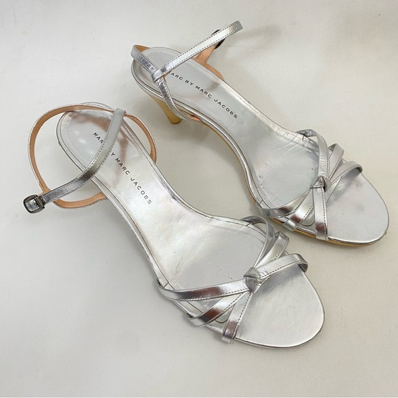 MARC BY MARC JACOBS Kitten Heels Ankle Strap Open Toe Silver Sandals 10.5 / 40.5 - Picture 1 of 13